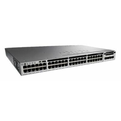 WS-C3850-48F-S kapcsoló elérhető 48 10/100/1000 Ethernet PoE + portokkal, 1100WAC tápegységgel 1 RU, IP Base szolgáltatáskészlet