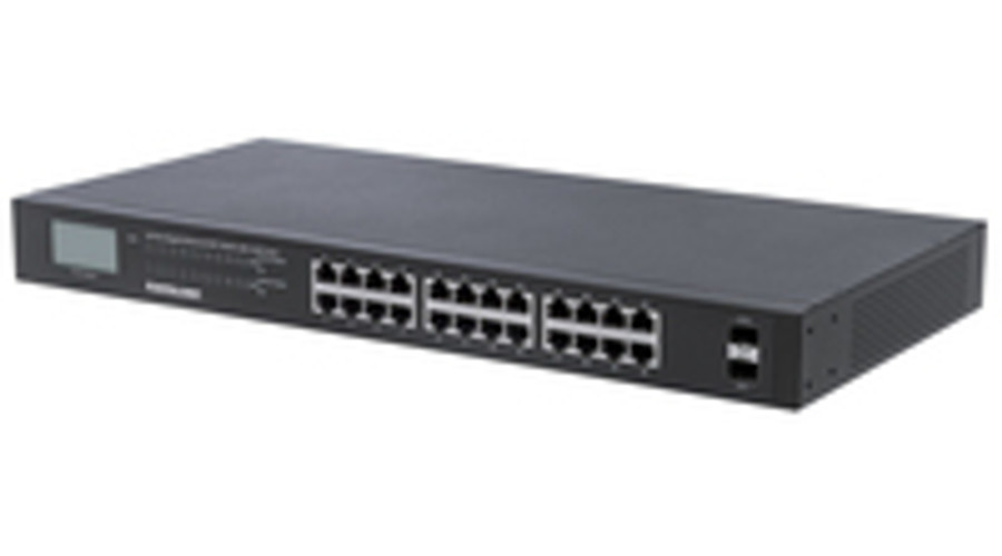 Image of Intellinet 24-Port Gigabit Ethernet PoE+ Switch with 2 SFP Ports - LCD Display - IEEE 802.3at/af Power over Ethernet (PoE+/PoE) Compliant - 370 W - Endspan - 19" Rackmount (Euro 2-pin plug) - Unmanaged - Gigabit Ethernet (10/100/1000) - Full duplex -