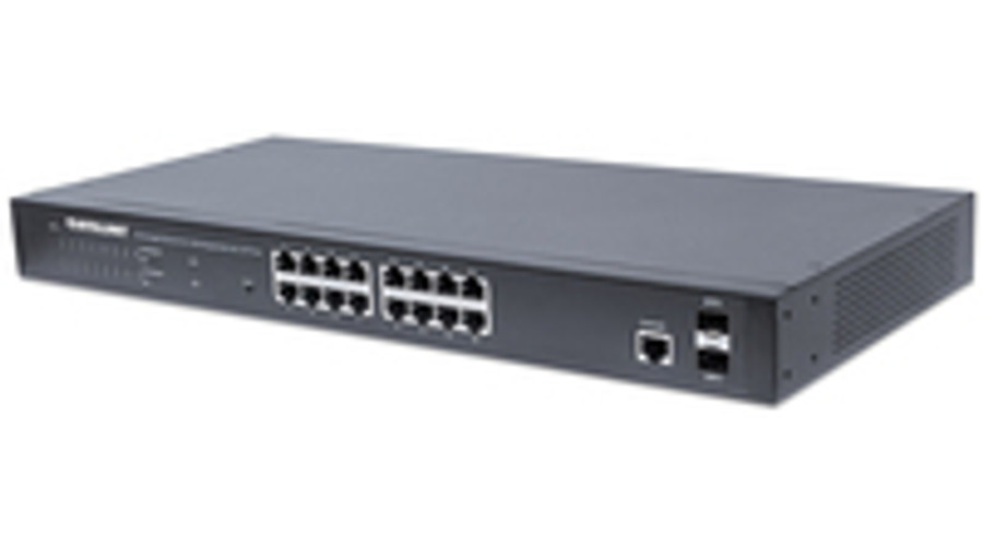 Image of Intellinet 16-Port Gigabit Ethernet PoE+ Web-Managed Switch with 2 SFP Ports - IEEE 802.3at/af Power over Ethernet (PoE+/PoE) Compliant - 374 W - Endspan - 19" Rackmount (Euro 2-pin plug) - Managed - L2+ - Gigabit Ethernet (10/100/1000) - Power over