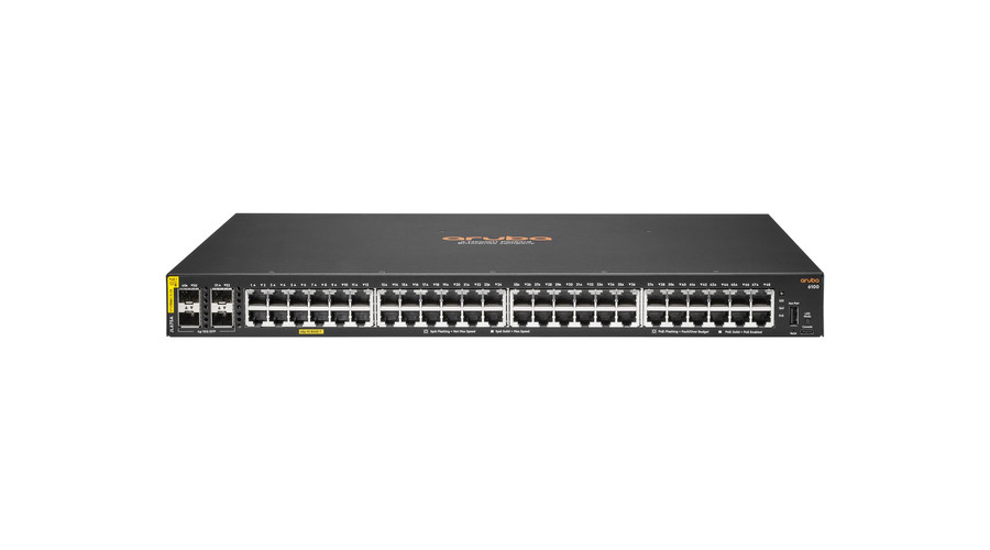 Image of HP Enterprise Aruba 6100 48 Ports Ethernet Switch - 3 Layer Supported - Modular - 45 W Power Consumption - 370 W PoE Budget - Twisted Pair, Optical Fiber - PoE Ports - 1U High - Rack-mountable, Wall Mountable